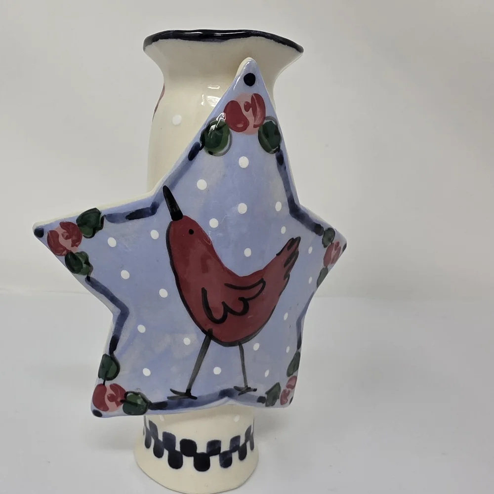 Candle Holder Ceramic Signed Red Bird Star Decoration Decor